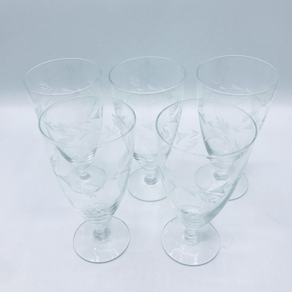 Vintage set of 5 1950’s crystal water water glasses with etched wheat.